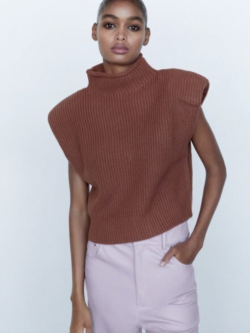 Zara Brown Ribbed Sleeveless Turtleneck Sweater